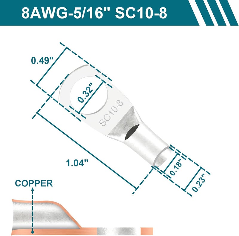 QIATOL كابلات بطارية 8 AWG مع أطراف، 2 قطعة كابلات بطارية نحاسية مع أطراف حلقة 5/16 (موجب وسالب، 1 قدم). - Image 2